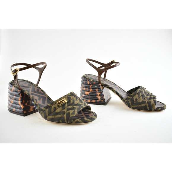 Fendi Dark Brown FF Motif Logo Ankle Strap Sandal Peep Toe Block Heel Pump 36 - Picture 4 of 8